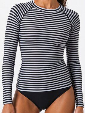 OLD NAVY Black Gray Striped Long Sleeve Rash Guard Shirt Medium